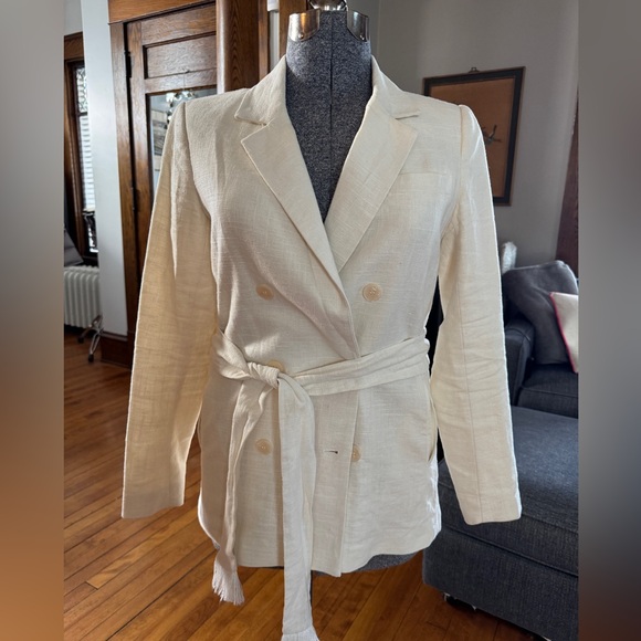 House of Harlow 1960 Jackets & Blazers - House of Harlow Double Breasted Cream Linen Blend Jacket with Fringed Tie Sz S